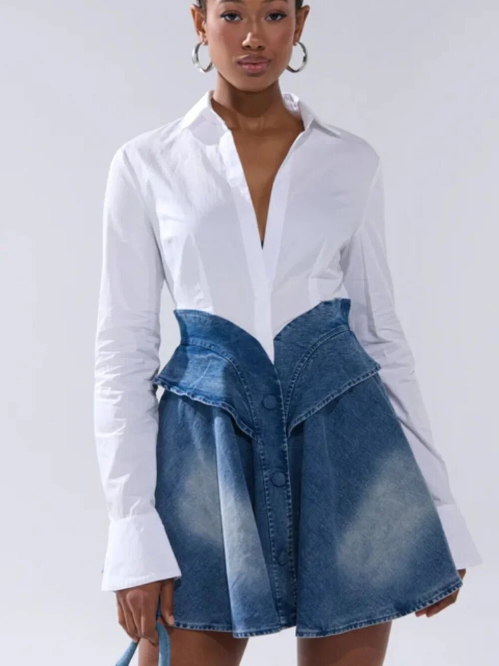 White shirt dress with denim skirt overlay, size M - Picture 1 of 4
